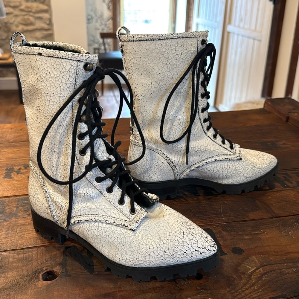 Luxury Rebel Gretchen Combat Boot Leather Size 36.5 White & Black